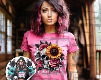 Bellissimo disastro - Tatuaggio teschio, girasole e rosa in stile PNG / Grunge gotico floreale / Arte digitale audace