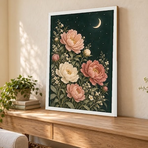 Affiche Pivoines de Minuit, Fleurs roses et ivoire, Art mural botanique ...