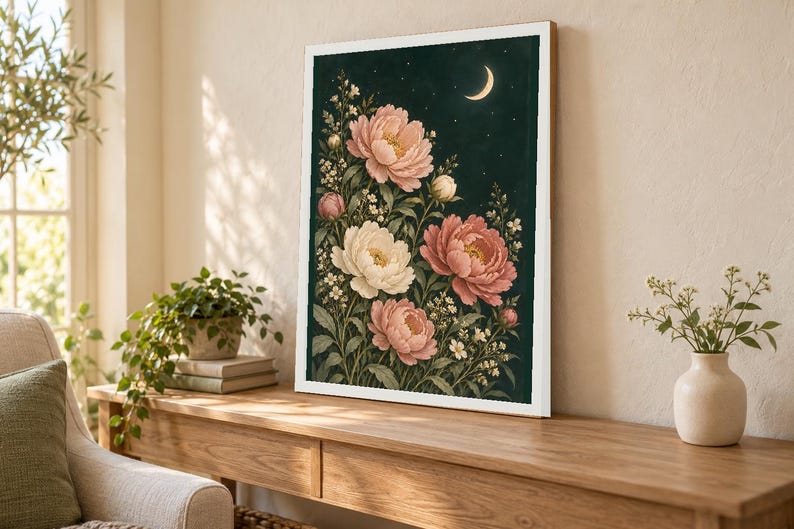 Affiche Pivoines de Minuit, Fleurs roses et ivoire, Art mural botanique ...