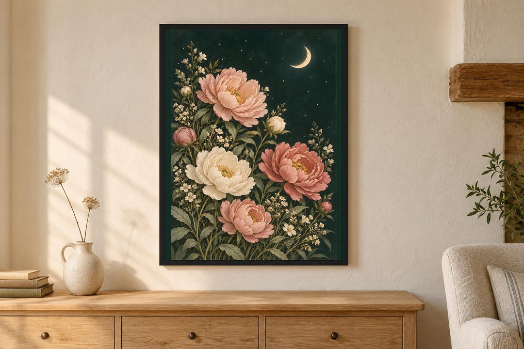 Affiche Pivoines de Minuit, Fleurs roses et ivoire, Art mural botanique ...