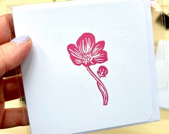 Peony Red Floral Mini Square Card | Original Print | Handmade Linocut Greetings Cards | 4x4in