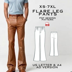 May include: A person wearing brown flare leg trousers with a brown belt and a light blue t-shirt. The image also includes a PDF sewing pattern for flare leg trousers, available in XS-7XL sizes.