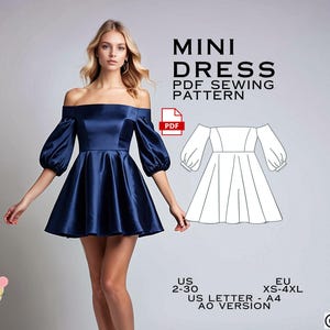 May include: A PDF sewing pattern for a mini dress with off-the-shoulder sleeves and a fitted bodice. The pattern is available in sizes US 2-30 and EU XS-4XL. The pattern is printed on US Letter size paper and is an A0 version.