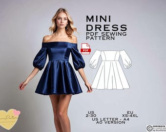Off Shoulder Mini Dress Sewing Pattern: US Sizes 2-30 (Digital PDF)