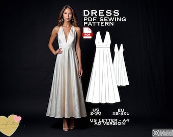 Puede incluir: Un patrón de costura para un vestido blanco con un escote pronunciado y una falda fluida. El patrón está disponible en las tallas US 2-30 y EU XS-4XL. El patrón está impreso en papel tamaño carta de EE. UU. y está disponible en versiones A4 y AO.
