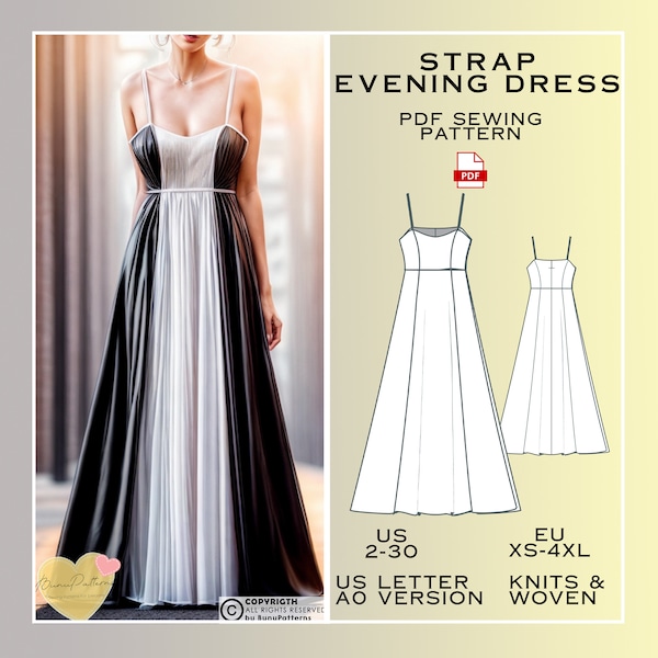 Strap Evening Dress Sewing Pattern, PDF Sewing Pattern Instant Download, Easy Digital Pdf, US Sizes 2-30, Plus Size Pattern, Cute Dresses