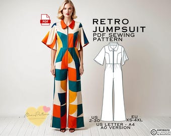 60&#39;s Vintage Jumpsuit Sewing Pattern, PDF Sewing Pattern, Easy Digital Pdf, US Sizes 2-30, Eu Xs-4xl, Plus Size Pattern, Dungarees