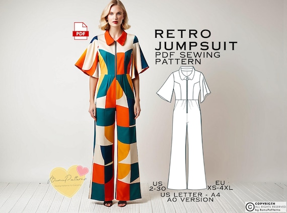 Retro Jumpsuit PDF Sewing Pattern, 60s Vintage Dungarees (Digital Download)