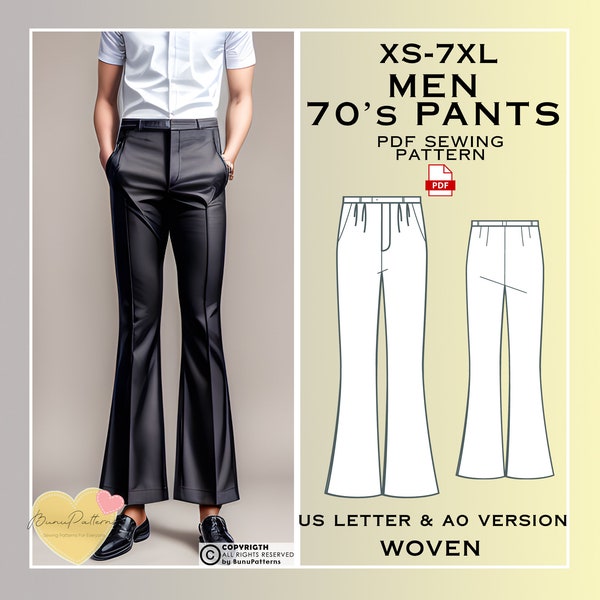 Men Flare Legs Pants Sewing Pattern, 70's Pants Trousers PDF Sewing, Instant Download, Man Sewing Patterns, Xs-7xl, Plus Size Pattern