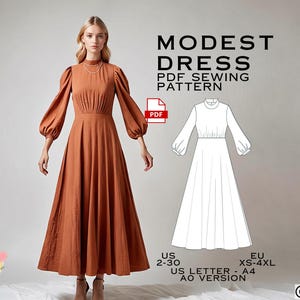 モデストドレスの縫製パターン、イブニングドレスのパターン、マキシドレスのパターン、簡単なデジタル PDF、米国サイズ 2 ～ 30、プラスサイズのパターン、ヒジャブドレス