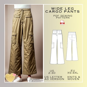 Vintage Wide Leg Cargo Pants Sewing Pattern: Ladies Sizes 2-30 (PDF Pattern)