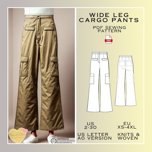 Vintage Wide Leg Cargo Pants Sewing Pattern: Ladies Sizes 2-30 (PDF Pattern)