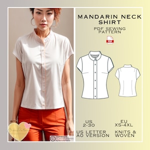 Mandarin Neck Shirt Sewing Pattern, Top PDF Sewing Pattern Instant Download, Collar Neck, US Sizes 2-30, Plus Size Pattern, Woman Blouse