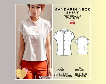 Mandarin Neck Shirt Sewing Pattern, Top PDF Sewing Pattern Instant Download, Collar Neck, US Sizes 2-30, Plus Size Pattern, Woman Blouse