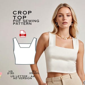 Modello di cucito per top corto con scollo quadrato, modello di cucito per maglietta PDF da scaricare immediatamente, taglie USA 2-30, modello per taglie forti UE XS-4XL, modelli per top