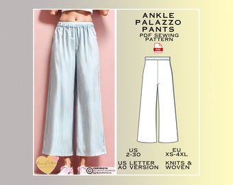 Elastic Waist Palazzo Pants Sewing Pattern, Cosy Everyday Trousers PDF Sewing Pattern Instant Download, US 2-30, EU Xs-4xl Plus Size Pattern