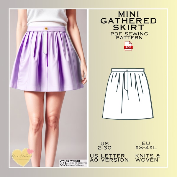 Mini Gathered Skirt Sewing Pattern, PDF Sewing Pattern, Skirt Easy Digital Pdf, US Sizes 2-30, Eu Xs-4Xl Plus Size Pattern, Autumn Skirts