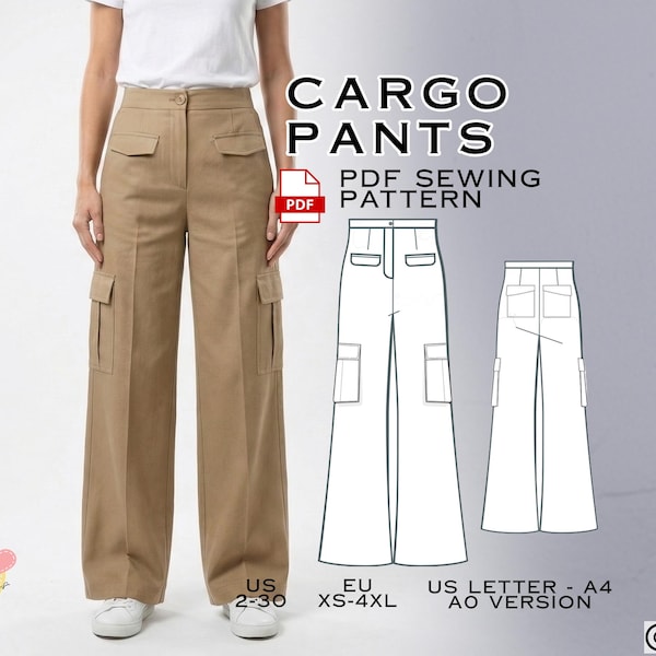 Wide Leg Cargo Pants Sewing Pattern: Ladies Sizes 2-30 (PDF Pattern)