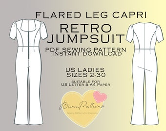 May include: A white illustration of a retro jumpsuit sewing pattern with flared leg capri. The design includes a square neckline, short sleeves, and a zipper detail. Text includes "FLARED LEG CAPRI RETRO JUMPSUIT" and "US LADIES SIZES 2-30".