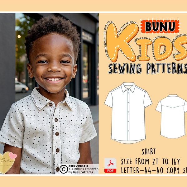 Boy's Shirt Sewing Pattern, Shirt Sleeve Shirt PDF Sewing Pattern, Kids Sewing Patterns, Children Patterns, 2T-16Y Sizes, Instant Download
