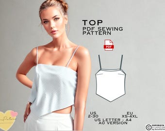 Op de afbeelding: Een PDF-naaipatroon voor een top zonder mouwen met een diagonale zoom. Het patroon is verkrijgbaar in de maten US 2-30 en EU XS-4XL. Het patroon is verkrijgbaar in de formaten US Letter en A0.