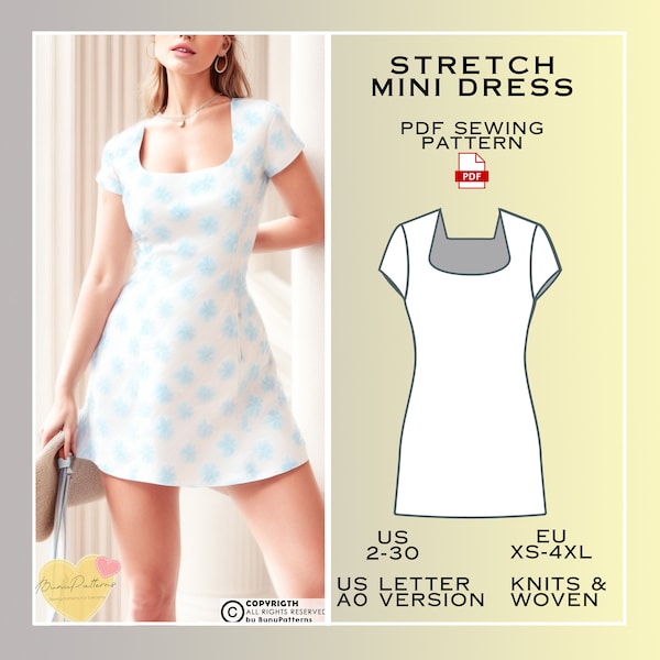 Stretch Mini Dress Sewing Pattern, Summer Dresses Patterns PDF Sewing Pattern Instant Download, US 2-30 Eu Xs-4Xl, Plus Size Patterns