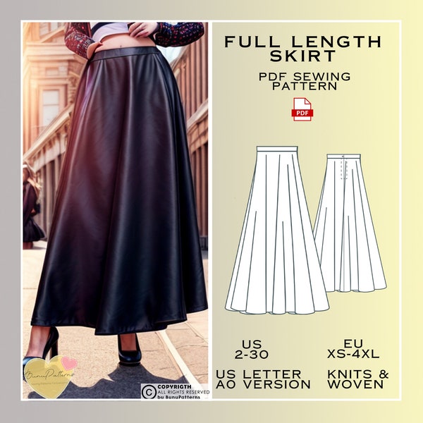 Full Length Skirt Sewing Pattern, Modest PDF Sewing Pattern Instant Download, Long Skirt Easy Digital Pdf, Ladies Sizes 00-32, Plus Size
