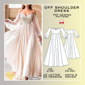 Patrón de costura de vestido de cuello de novia con hombros descubiertos, vestido de fiesta PDF Patrón de costura Descarga instantánea, Vestido de dama de honor, Tallas de EE. UU. 2-30 Tallas grandes
