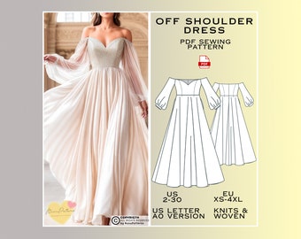 Off Shoulder Sweetheart Neck Dress Sewing Pattern, Prom Dress PDF Sewing Pattern Instant Download, Bridesmaid Dress, US Sizes 2-30 Plus Size