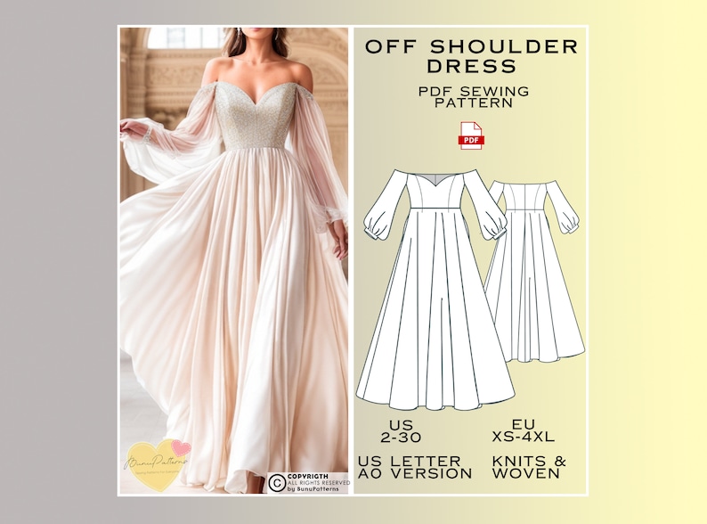 Off Shoulder Sweetheart Neck Dress Sewing Pattern, Prom Dress PDF Sewing Pattern Instant Download, Bridesmaid Dress, US Sizes 2-30 Plus Size image 1