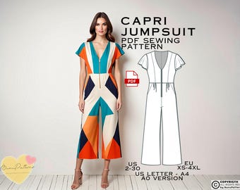 Below Knee Jumpsuit Sewing Pattern, Playsuit PDF Sewing Pattern Instant Download, Easy Digital Pdf, US Sizes 00-32, Summer Overall Dungaree