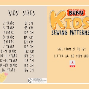 May include: A chart with kids' sizes in years and corresponding measurements in centimeters. The chart is titled "Kids' Sizes" and includes sizes from 2 to 16 years. The chart is on a beige background with a yellow border.