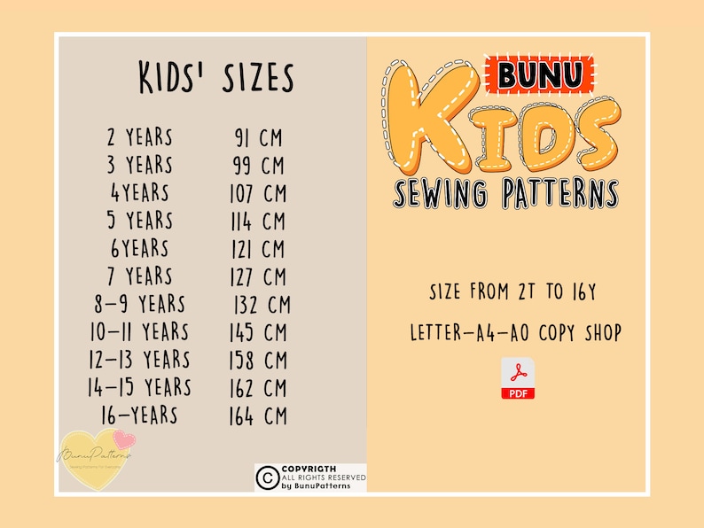 May include: A chart with kids' sizes in years and corresponding measurements in centimeters. The chart is titled "Kids' Sizes" and includes sizes from 2 to 16 years. The chart is on a beige background with a yellow border.