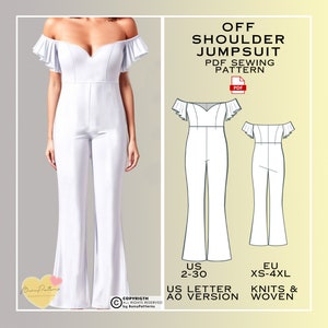 Off Shoulder Jumpsuit Sewing Pattern, Sweetheart Neck Pantsuit, PDF Sewing Pattern, Easy Digital Pdf, US 2-30, Eu Xs-4xl, 4xl 3xl 2xl xl