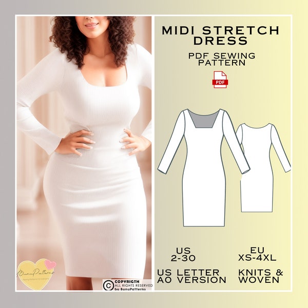 Stretch Midi Dress Sewing Pattern, PDF Sewing Pattern, Autumn Dresses, Easy Digital Pdf, US Sizes 2-30, Plus Size Pattern, Office Dresses