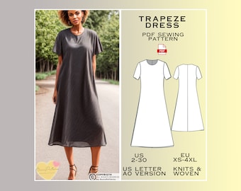 Midi Trapez Kleid Schnittmuster, Alltagskleid, Kleid PDF Schnittmuster, Sommerkleider, US 2-30 Plus Größe, Eu Xs-S-M-L-Xl-2Xl-3Xl-4Xl