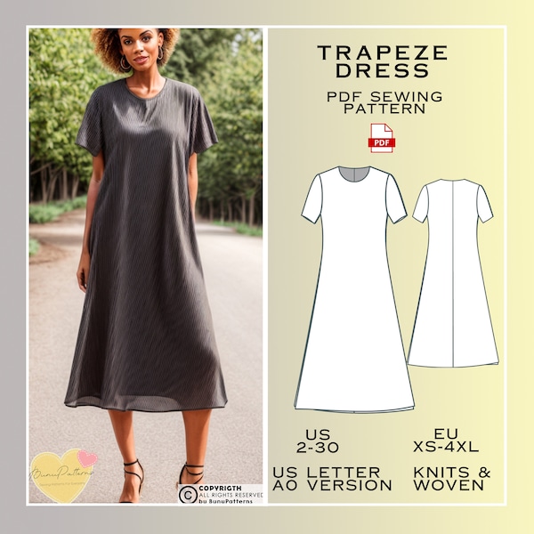 Patron de couture robe trapèze midi, robe de tous les jours, patrons de couture PDF de robe, robes d'été, grande taille US 2-30, Europe XS-S-M-L-XL-2Xl-3Xl-4Xl