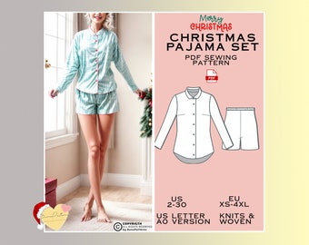 Christmas Pajama Sewing Pattern, Woman Pyjamas Set PDF Sewing Pattern, Christmas Pajama Girl Crew Sewing Pattern, Sleepwear Sewing Pattern