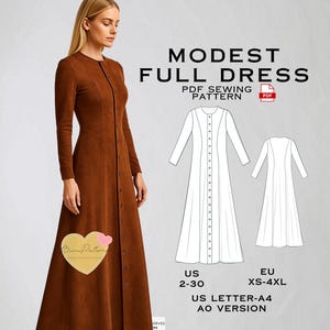 Puede incluir: Un vestido largo marrón con mangas largas y botones en la parte delantera. La imagen incluye un patrón de costura PDF con el texto "MODEST FULL DRESS" y tablas de tallas para tallas de EE. UU. y la UE. El vestido es largo y tiene un diseño sencillo.