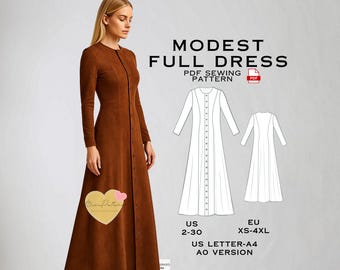 Modest Full Length Dress Sewing Pattern (PDF)