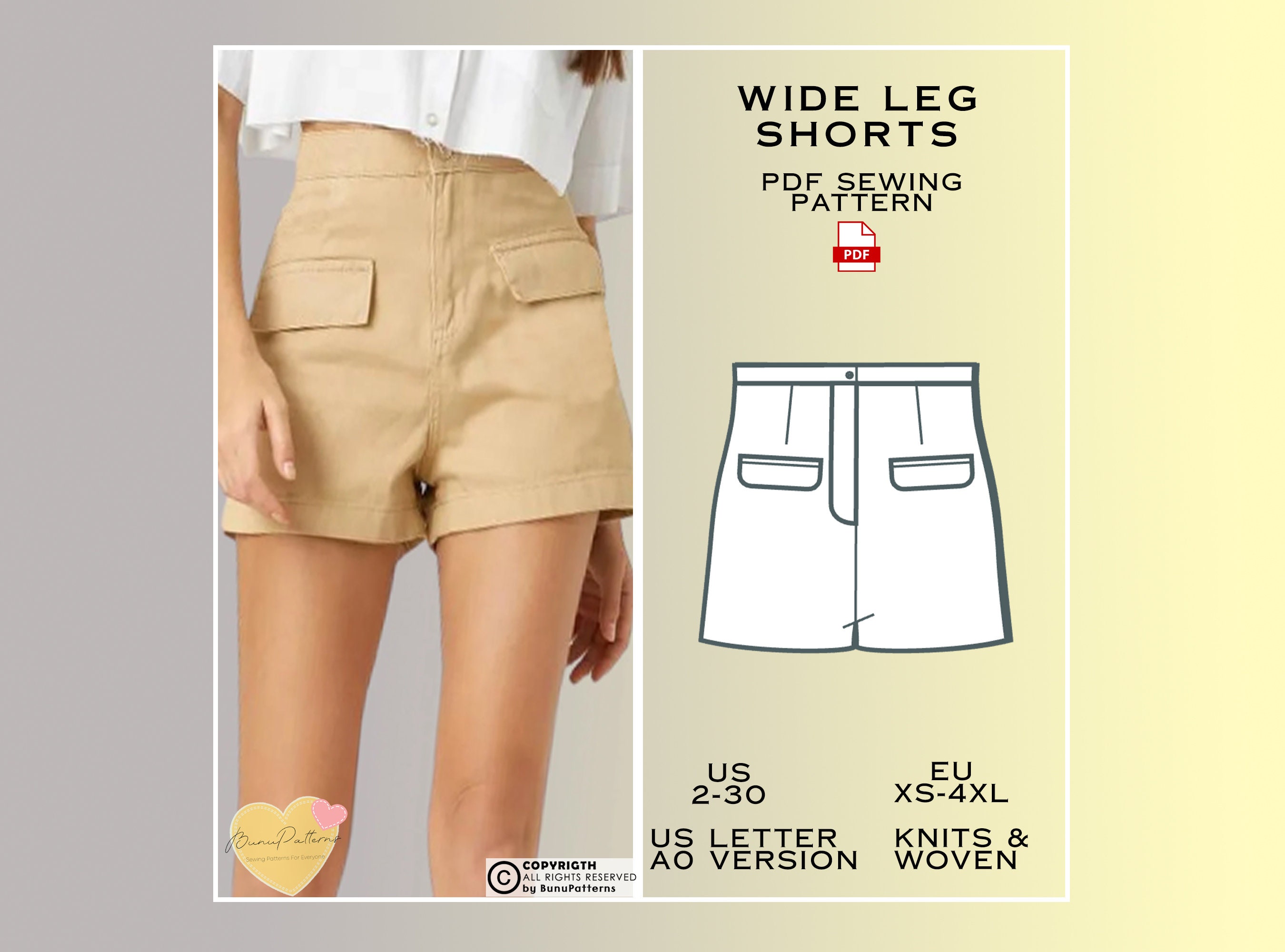 Wide Leg Shorts Sewing Pattern, Flap Pocket Shorts PDF Sewing, Cargo Shorts  Easy Digital Pdf, Plus Size Short, Ladies Sizes 2-30, Plus Size 