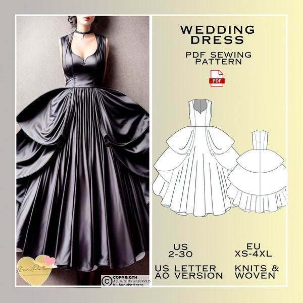 Wedding Dress Sewing Pattern, Princess Dress PDF Sewing Pattern, US Sizes 2-30 Plus Size Pattern, Mid Century Ball Gown Dress Sewing Pattern