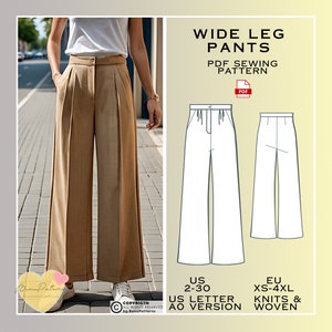 Wide Leg Pants Sewing Pattern: Women&#39;s Woven Trousers (PDF Pattern)