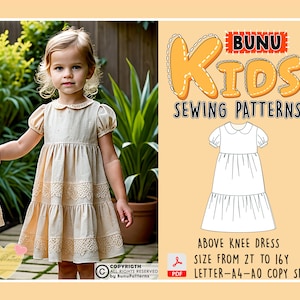 Op de afbeelding: Een digitaal naaipatroon voor een boven-de-knie jurk voor kinderen. Het patroon is verkrijgbaar in de maten 2T tot 16Y. Het patroon is verkrijgbaar in de formaten letter, A4 en AO. Het patroon is beschikbaar om te downloaden als een PDF-bestand. Het patroon is voor een jurk met een Peter Pan kraag en korte mouwen. De jurk heeft een gelaagde rok. Het patroon is van Bunu Kids Sewing Patterns.