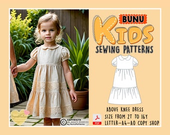 Kids Tiered Dress Sewing Pattern, Peter Pan Collar Dress PDF Sewing Pattern, Girl&#39;s Dress Sewing Patterns, 2T-16Y Sizes, Instant Download