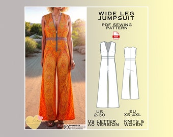 Wide Leg Full Jumpsuit Sewing Pattern, Woman Clothing PDF Sewing Pattern Instant Download, Easy Digital Pdf, US Sizes 2-30 Plus Size Pattern