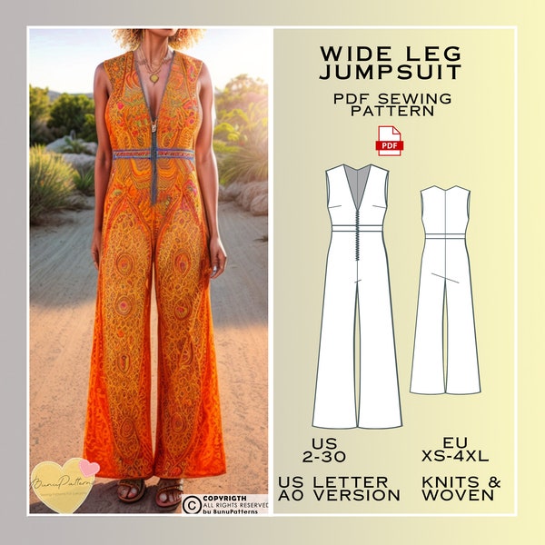 Wide Leg Full Jumpsuit Sewing Pattern, Woman Clothing PDF Sewing Pattern Instant Download, Easy Digital Pdf, US Sizes 2-30 Plus Size Pattern