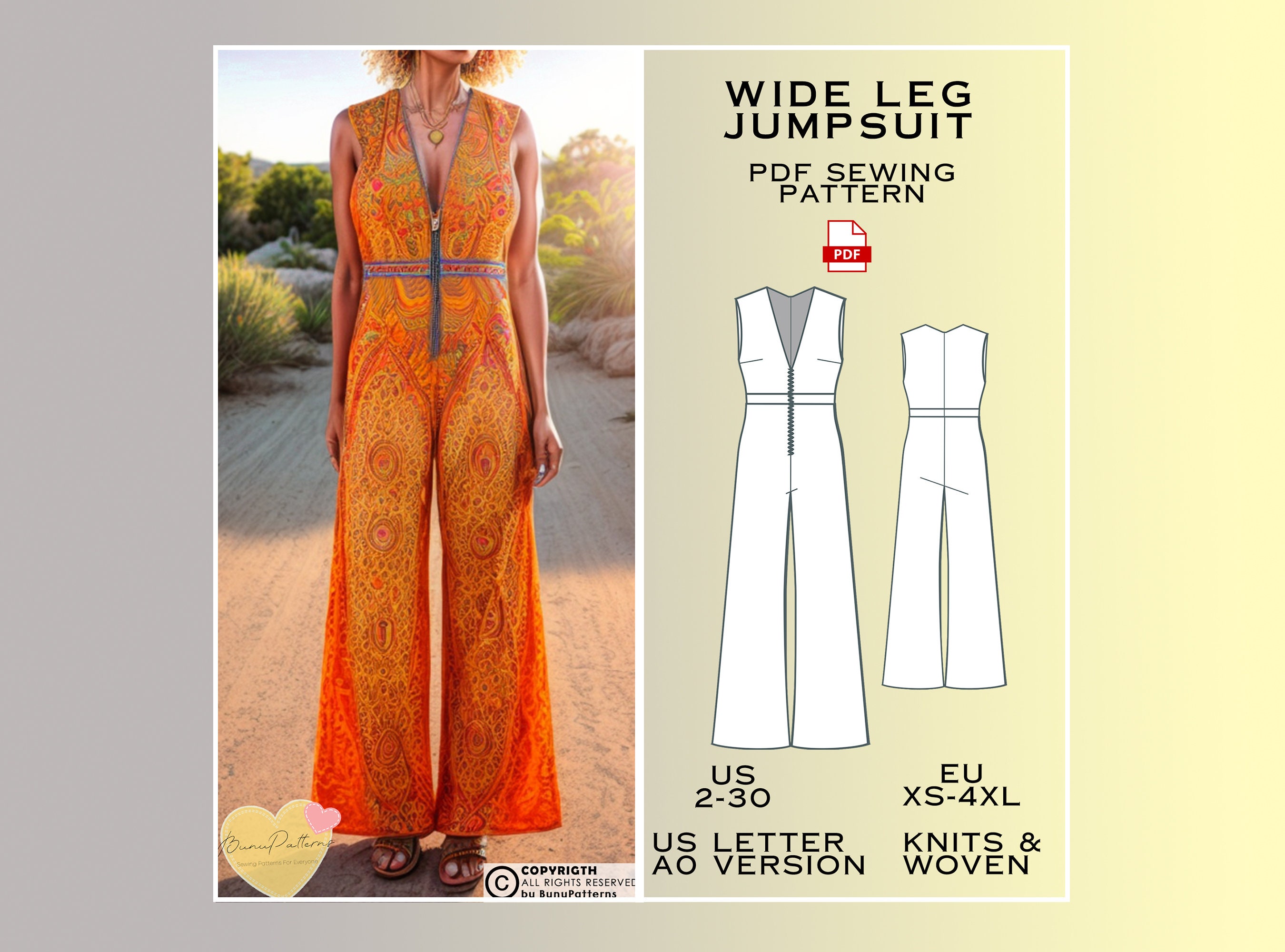 Wide Leg Full Jumpsuit Sewing Pattern, Woman Clothing PDF Sewing Pattern  Instant Download, Easy Digital Pdf, US Sizes 2-30 Plus Size Pattern - Etsy