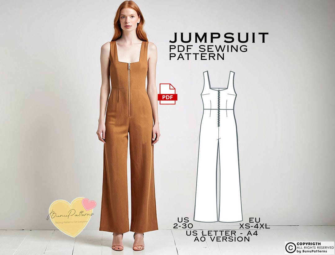 Wide Leg Jumpsuit Sewing Pattern: Top Tank, US Sizes 2-30 (PDF Pattern ...