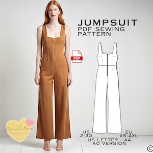 Wide Leg Jumpsuit Sewing Pattern: Top Tank, US Sizes 2-30 (PDF Pattern)